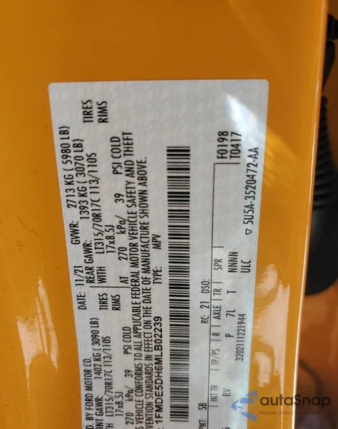 2021 Ford Bronco Base z USA, uszkodzony, nr VIN 1FMDE5DH6MLB02239